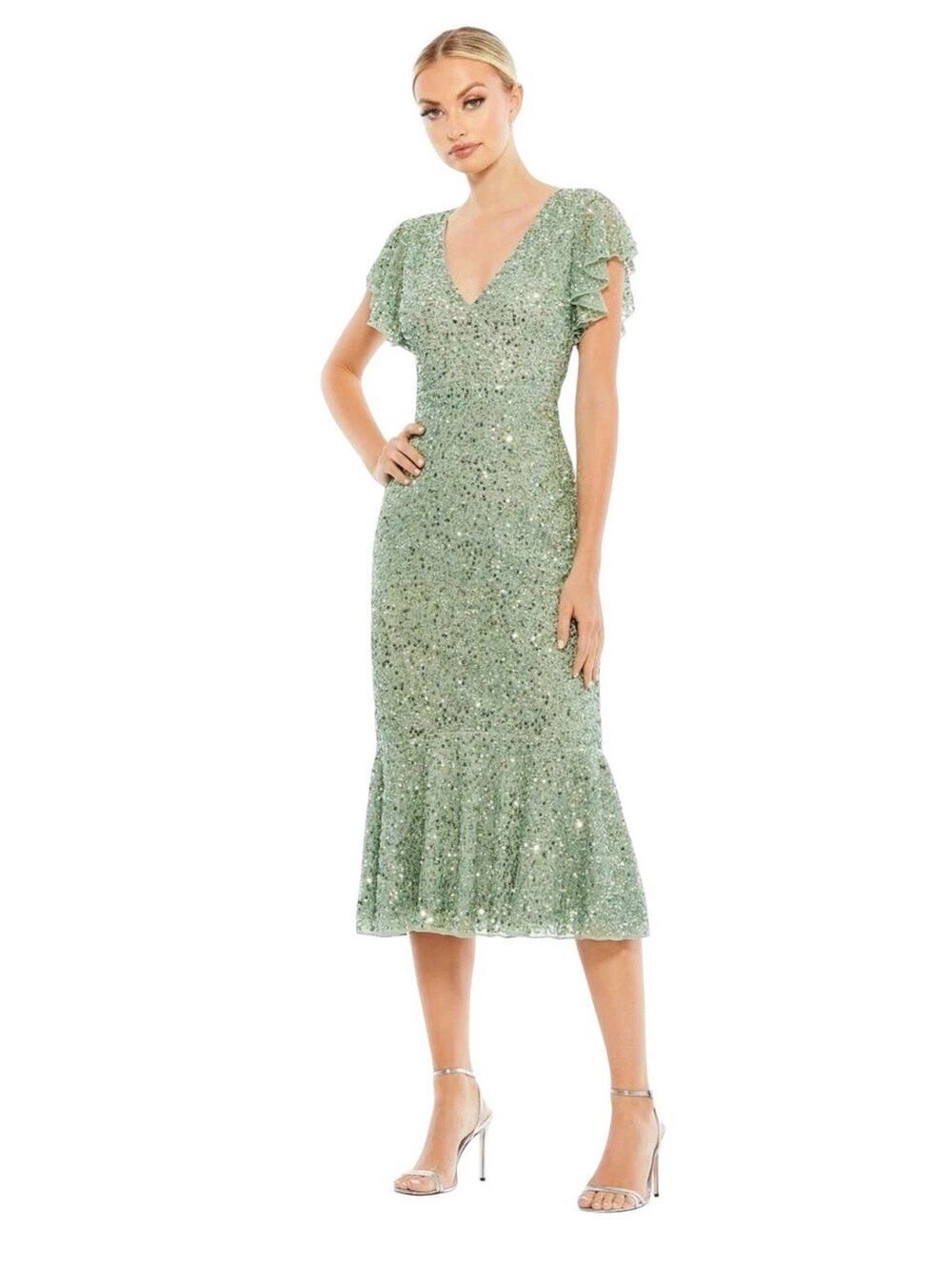 Mac Duggal 10801 Sage Sequin Flutter Sleeve Midi Dress Size 4 $398